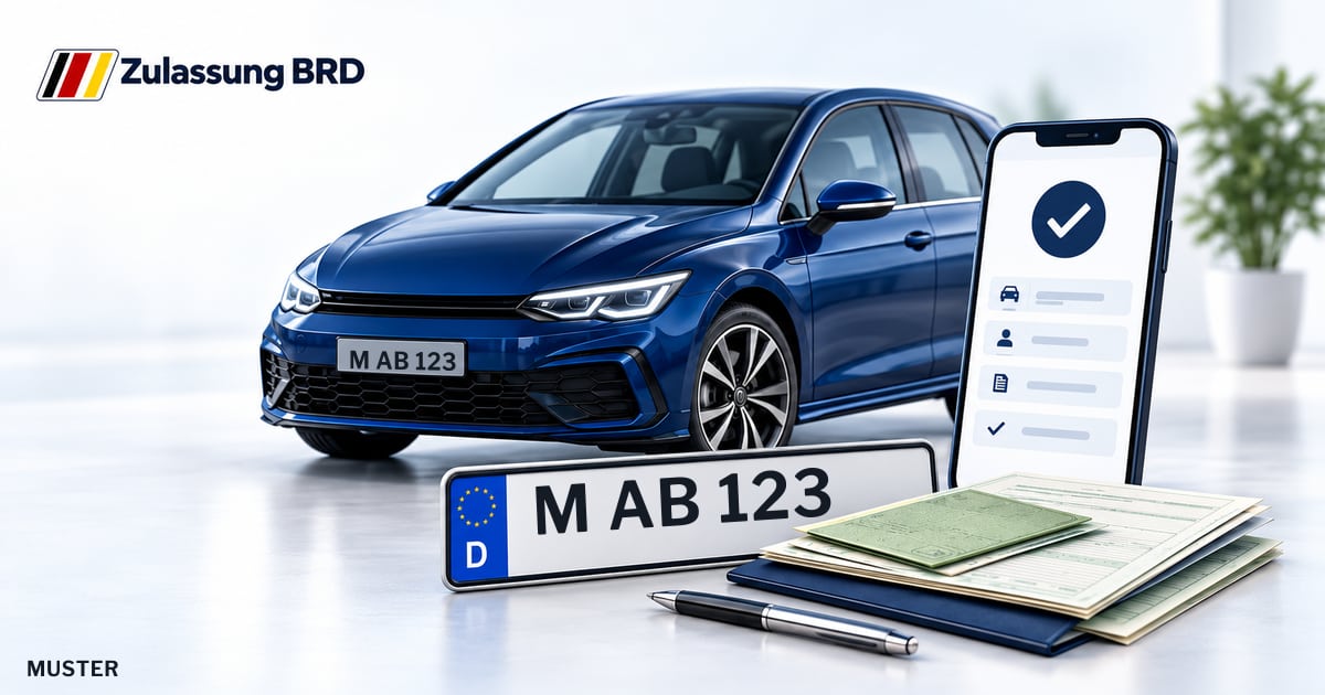 Online Fahrzeugzulassung in Taufkirchen: Musterkennzeichen M AB 123, Auto und Fahrzeugpapiere und Smartphone. Illustration mit Logo von Zulassung BRD.